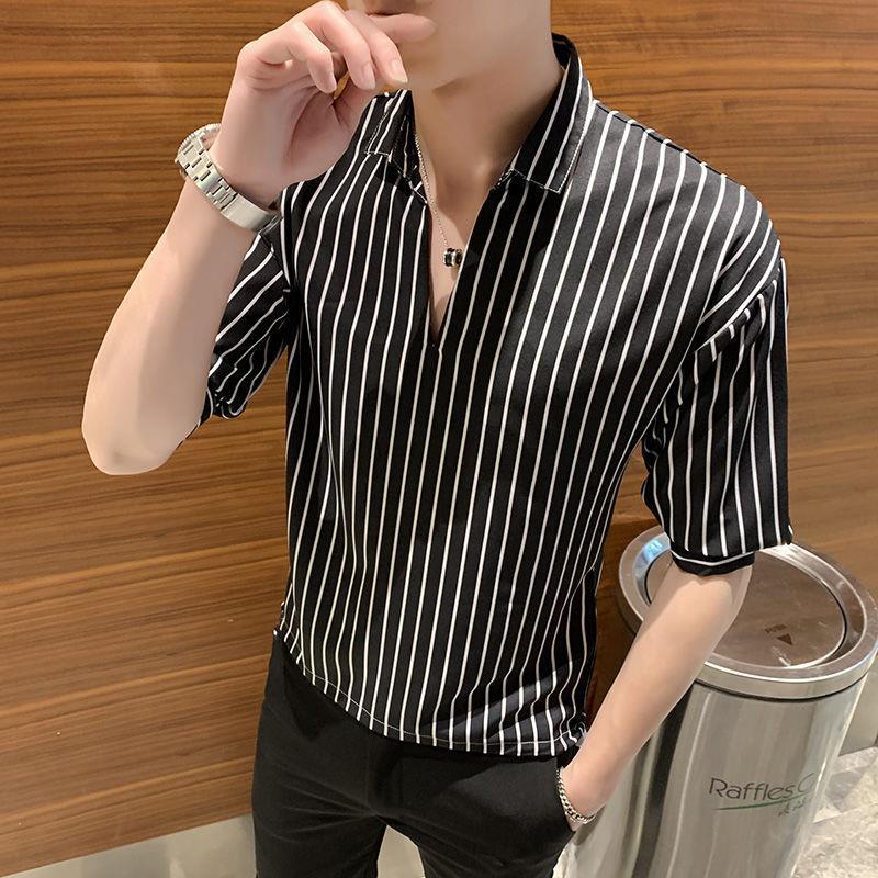 Cool men's T-shirt collar summer new men's short sleeve 5-sleeve loose and handsome floral Polo Top V