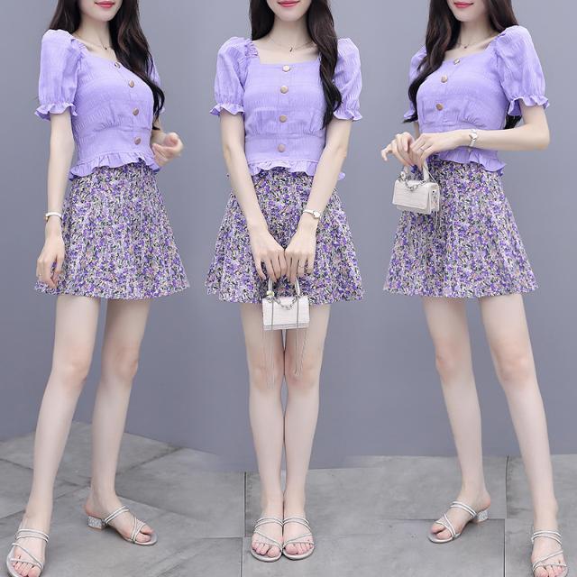 Summer women's Chiffon Top floral skirt INSA skirt square neck slim short dress two piece set