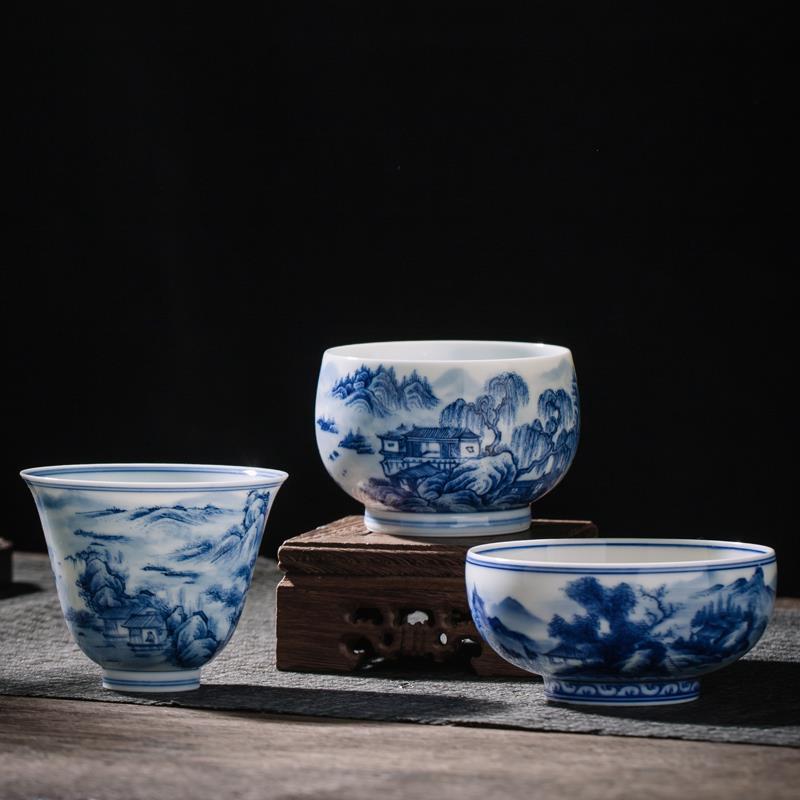 行止堂青花瓷手绘山水主人杯全手工青花品茗杯闻香杯青花功夫茶杯