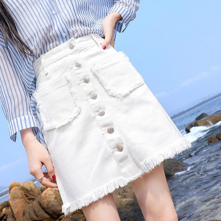 New denim skirt children's summer high waist show thin package hip skirt one step skirt white A-line short skirt