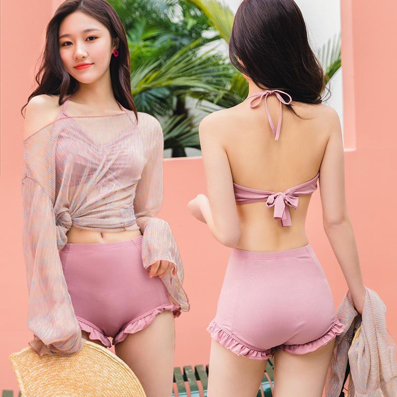 Swimsuit women 2023 new Korean ins sexy three-piece suit cover belly slimming gathered conservative fairy swimwear