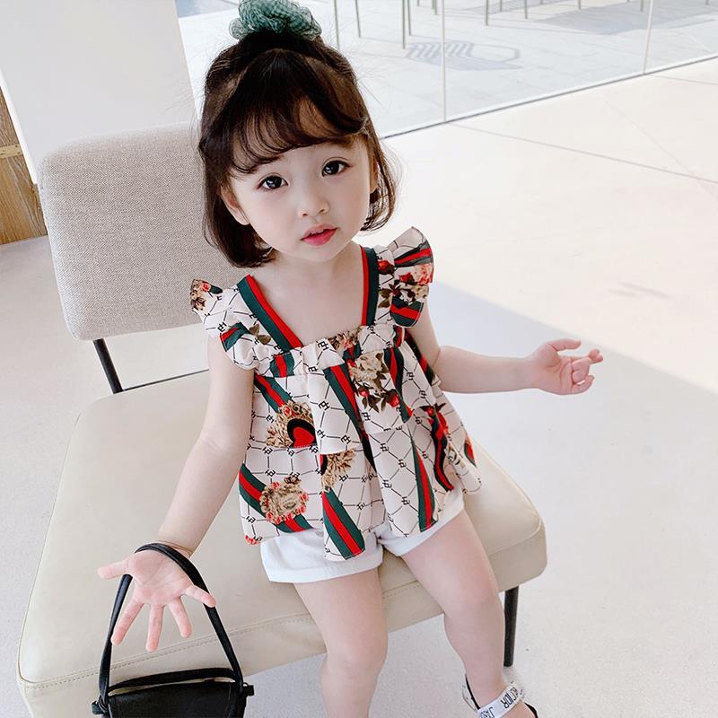 Girl's net red suit foreign style children's fashionable short sleeve two piece set three year old girl's summer dress