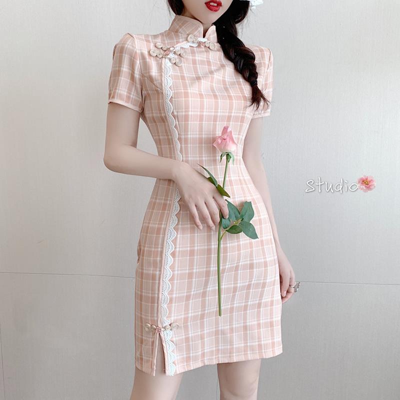 俏娘魚夏季新款國風少女文藝格子旗袍年輕款可愛甜美改良版連衣裙