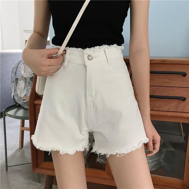 White denim shorts women's summer high waist loose straight tube show thin versatile lace wide leg pants thin pants fashion