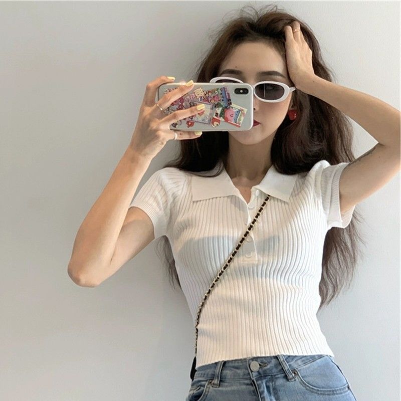 Summer sexy white short sleeve T-shirt women's short slim knit bottomed shirt Lapel tight navel Polo Top