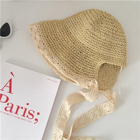 French lace lace Korean version ins Lolita shade straw hat female summer small fresh sweet cute strappy fisherman hat