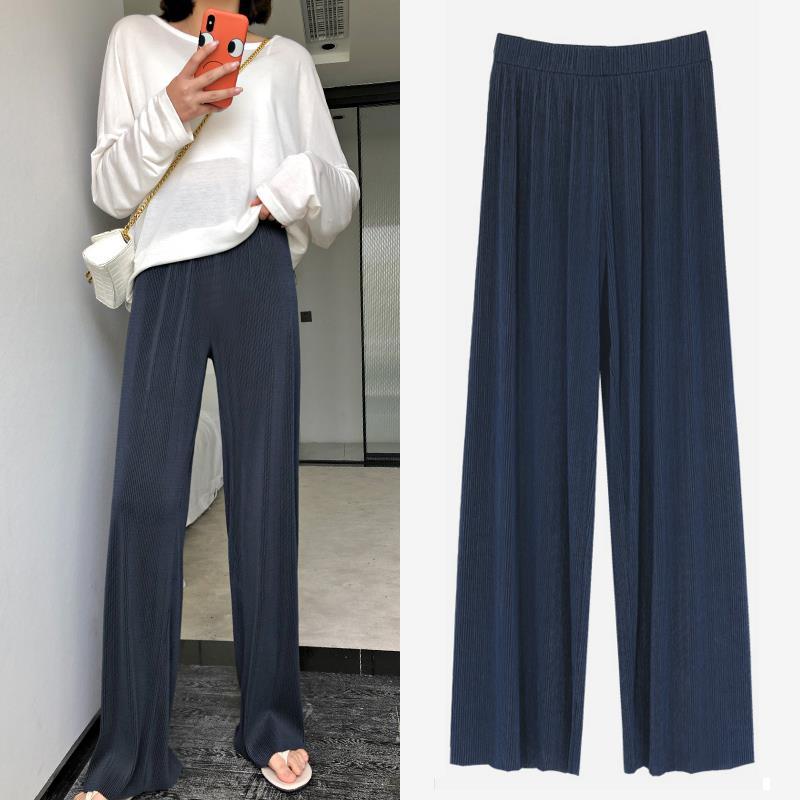 百褶阔腿裤女夏季高腰垂感冰丝宽松直筒2020年新款甩裤薄款拖地裤