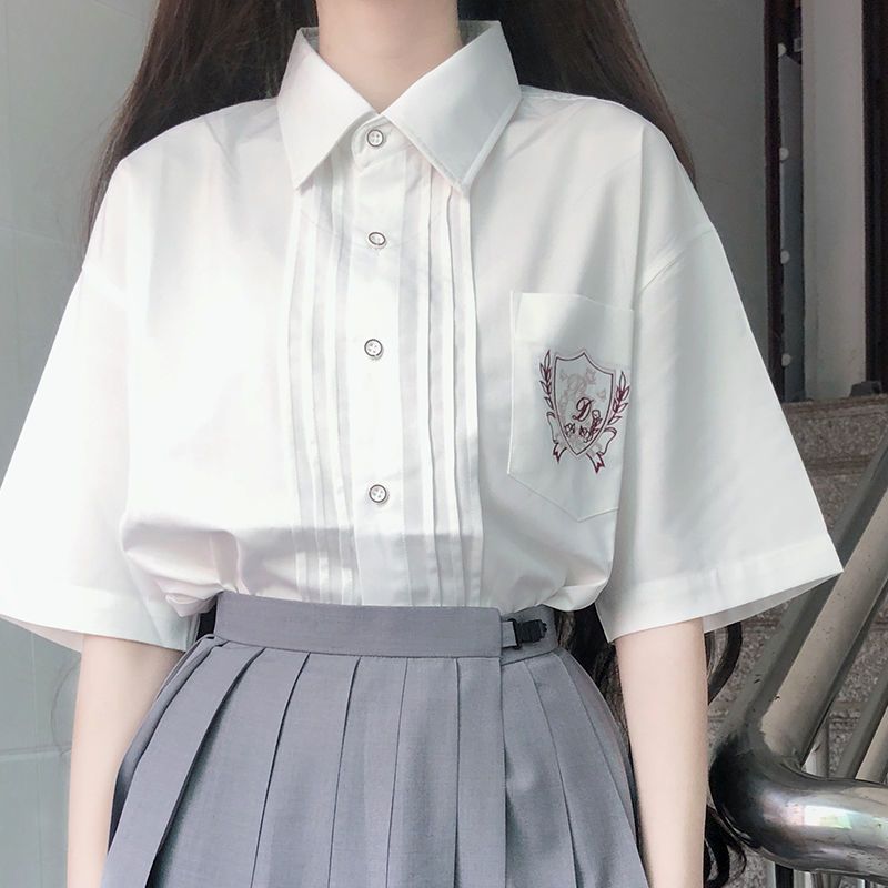 2023 new trendy jk white shirt women's mid-sleeved top summer short-sleeved embroidery uniform all-match student college style