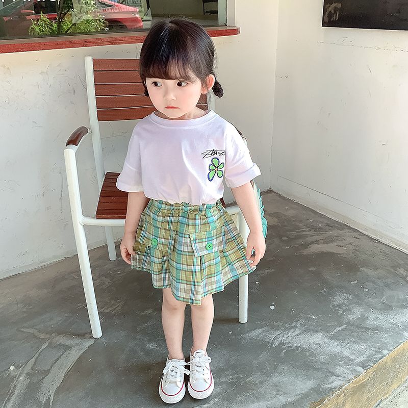 Girls' suit summer girl baby skirt suit 2020 new style foreign style plaid girls suit skirt two-piece summer