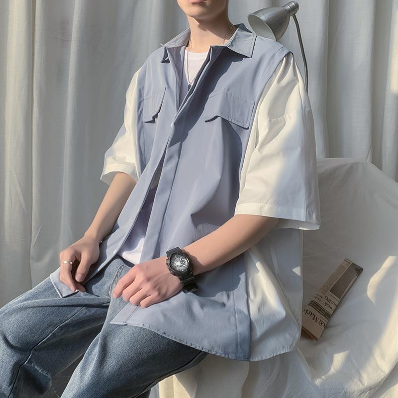 Hong Kong style garment shirt men's fashion brand stitching fake two loose top clothes Korean Short Sleeve Shirt