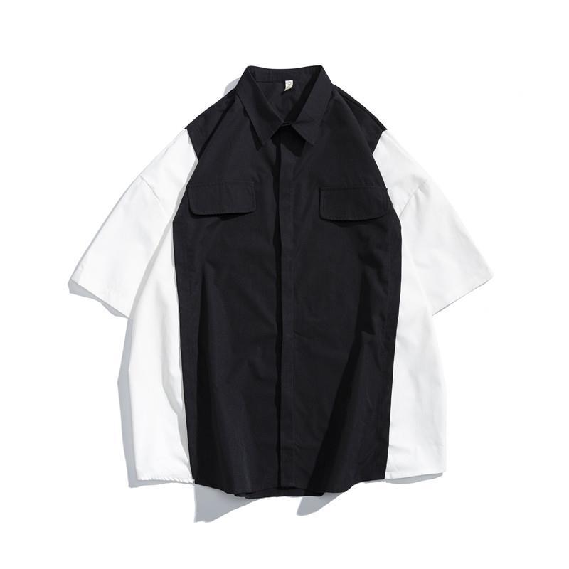 Hong Kong style garment shirt men's fashion brand stitching fake two loose top clothes Korean Short Sleeve Shirt