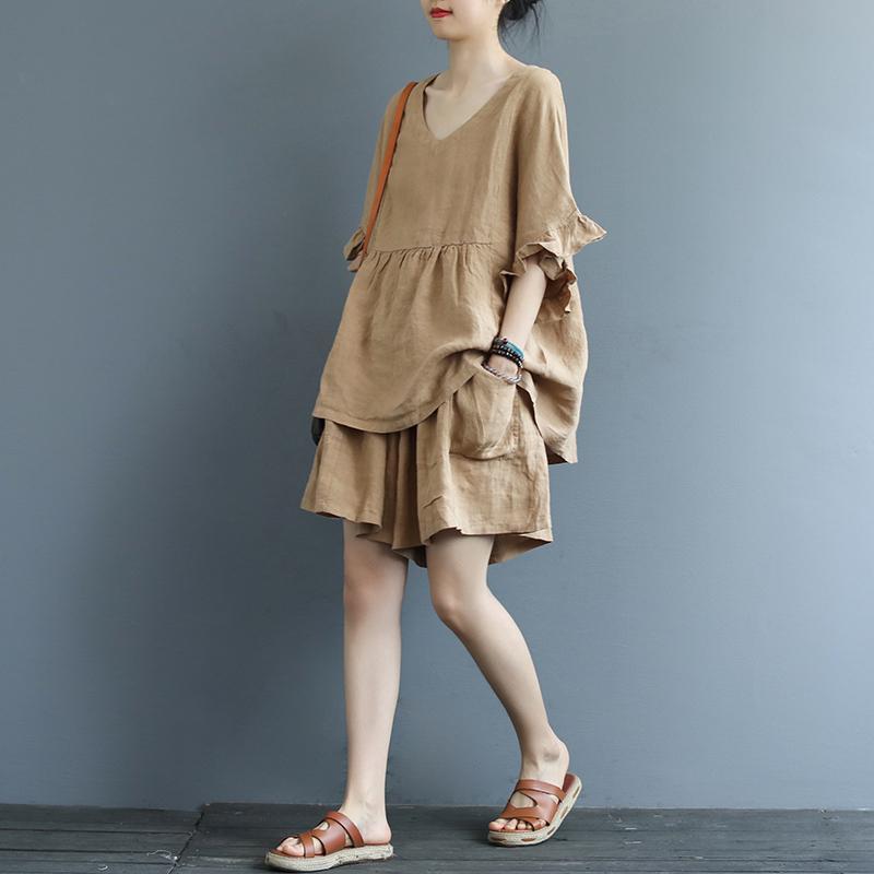 特大碼夏季女裝套裝女夏寬鬆文藝短袖女娃娃衫純色短褲休閒兩件套