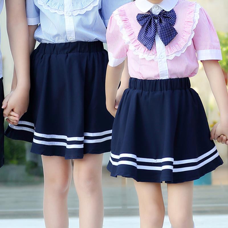 新款半身裙中大童儿童短裙女夏季深蓝色校服裙雪纺学院风学生裙裤