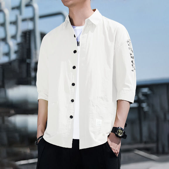 Korean fashion handsome 2020 summer short sleeve 7 / 3 sleeve loose casual men's shirt thin