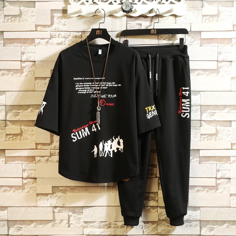 2020 new summer men's two piece casual loose suit summer men's youth trend short sleeve pants