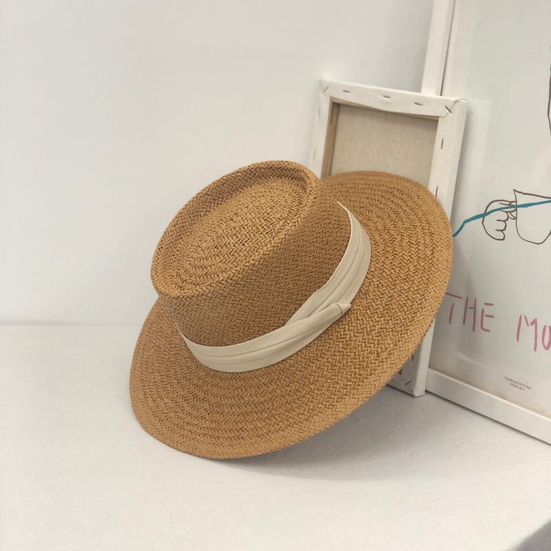 Net red flat top straw hat women's summer seaside holiday Beach Hat sunshade retro French flat brim hat small fresh hat
