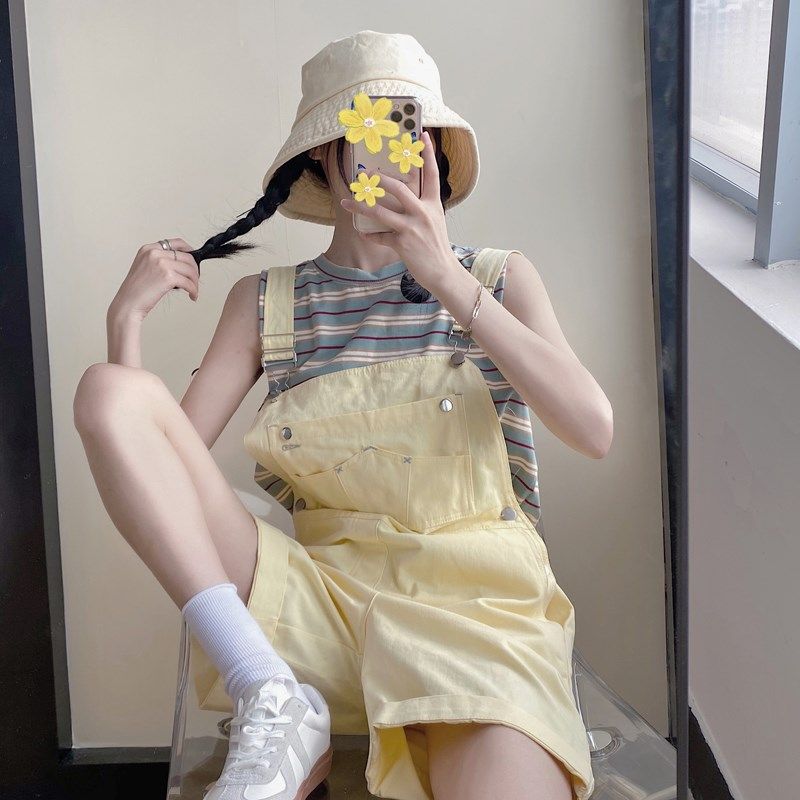2020 summer Korean casual high waistband shorts yellow loose cute small wide leg Jumpsuit women fashion