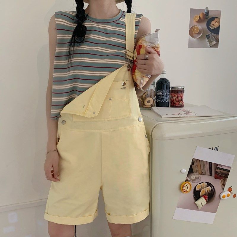2020 summer Korean casual high waistband shorts yellow loose cute small wide leg Jumpsuit women fashion