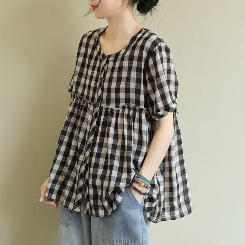 寬鬆	t恤女2023新款女裝短袖女娃娃衫夏裝格子襯衫女百搭休閒襯衣