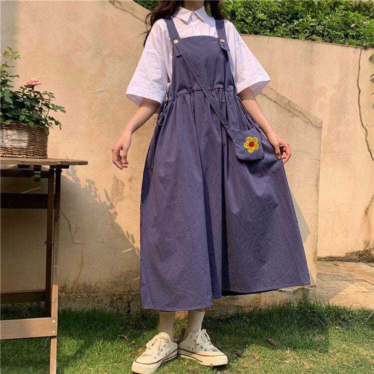Summer strap dress female student Korean version loose college style thin suspenders mid-length skirt little black dress with bag