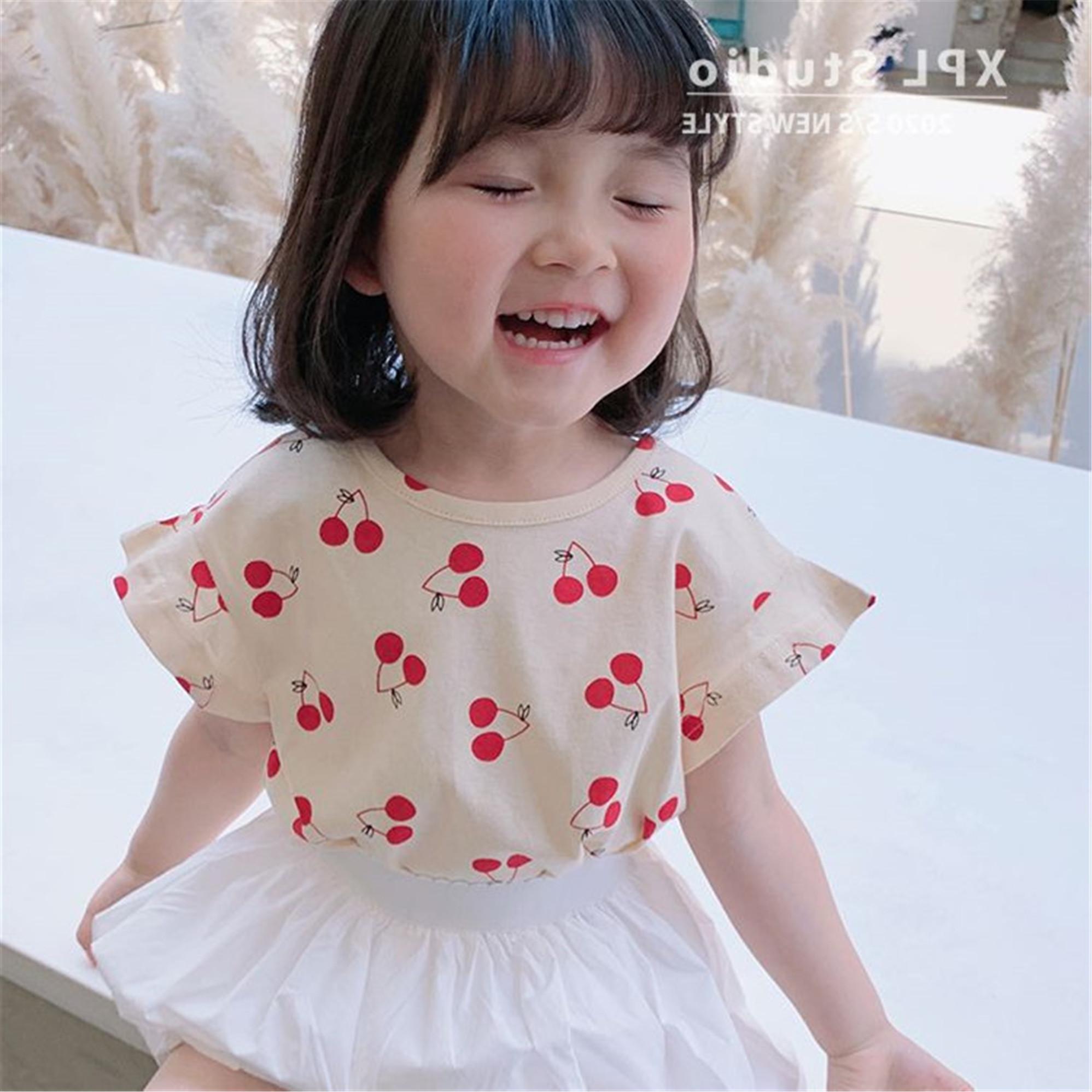 Girls' short sleeve summer clothes new girls' 2 pure cotton cherry printed baby shirt top little girls' printed T-shirt fashion