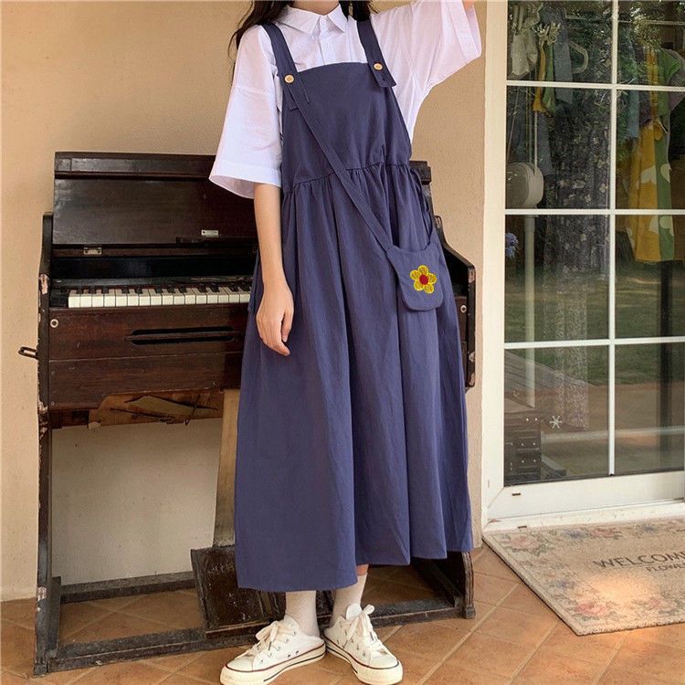 Summer strap dress female student Korean version loose college style thin suspenders mid-length skirt little black dress with bag