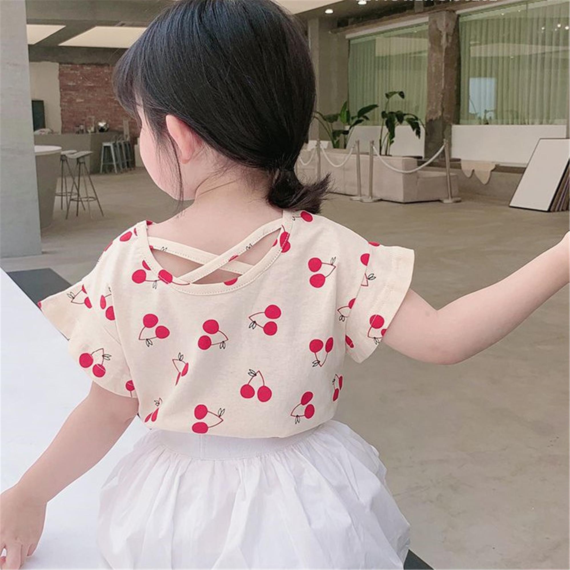 Girls' short sleeve summer clothes new girls' 2 pure cotton cherry printed baby shirt top little girls' printed T-shirt fashion