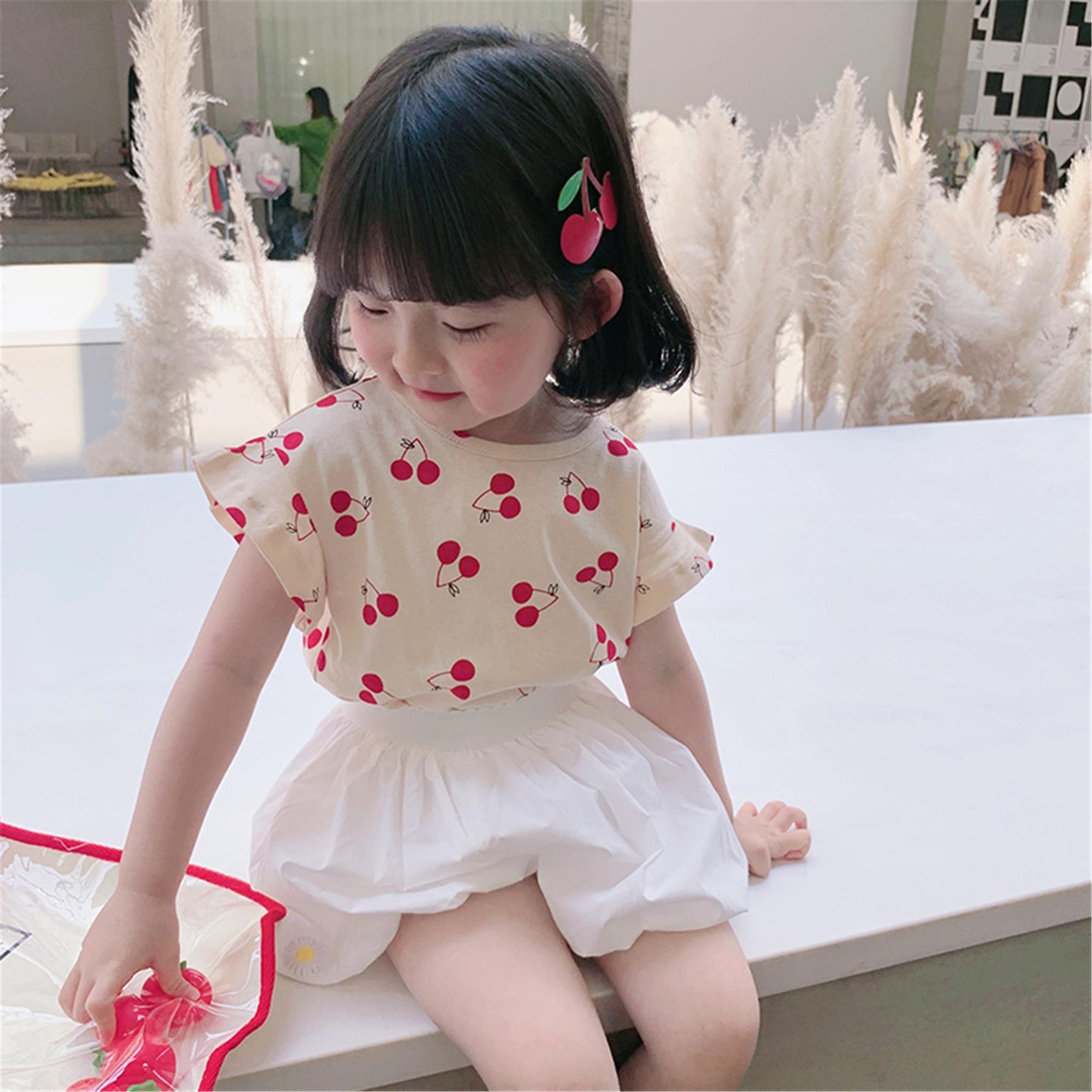 Girls' short sleeve summer clothes new girls' 2 pure cotton cherry printed baby shirt top little girls' printed T-shirt fashion