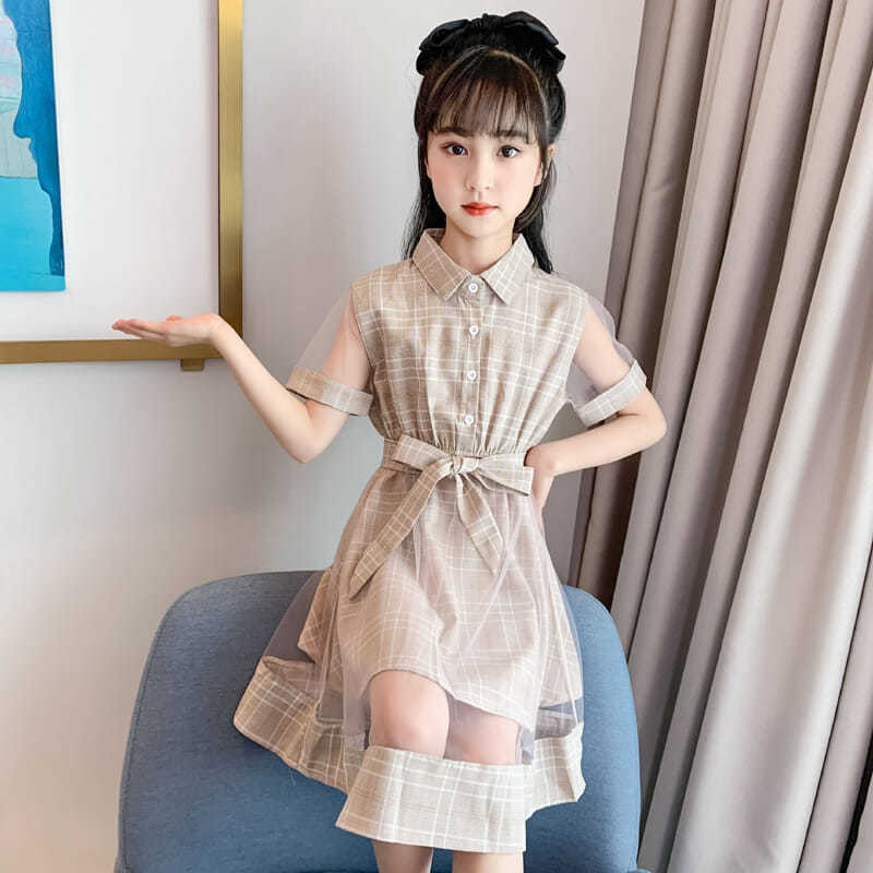 Children's women's summer dress girls' new Korean version small fresh lattice gauze dress foreign style fashion lady skirt