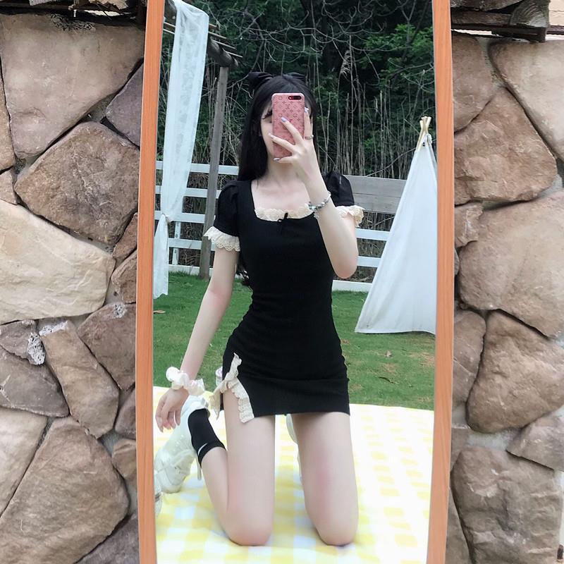 [Fengji] summer 2020 Swan Castle Princess summer lace splicing sexy short sleeve A-line short dress