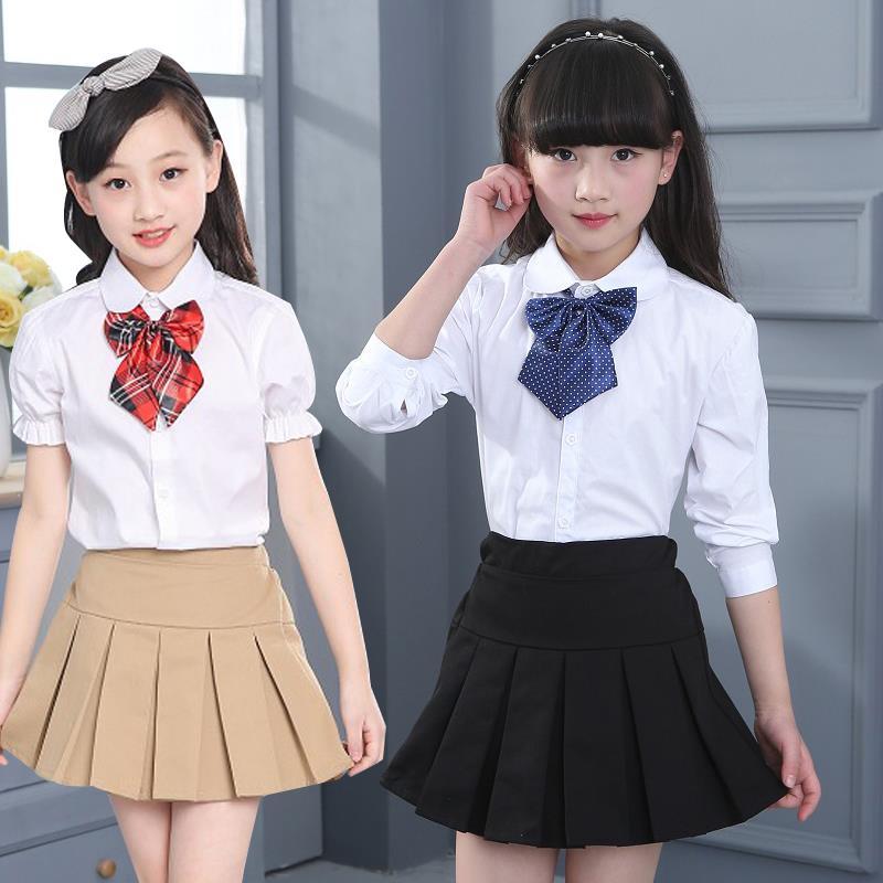 女童白襯衫黑裙子演出服純棉襯衣卡其百褶裙兒童短裙校服套裝大童