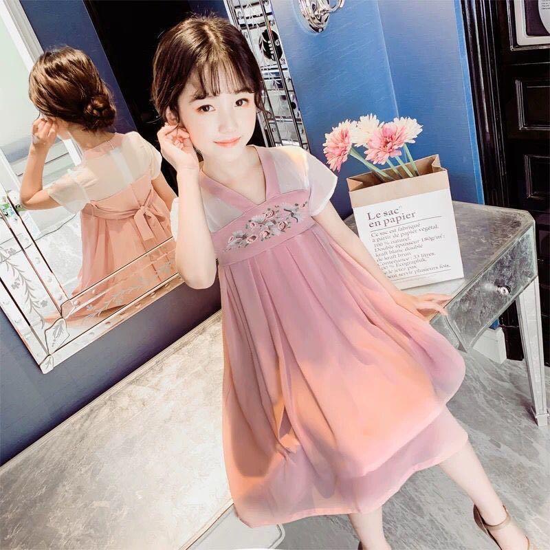 Children's fashion summer mid length girl's skirt new dress summer dress super fairy Chinese style Hanfu foreign style