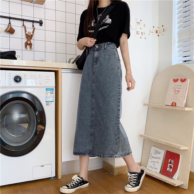 Denim skirt women's spring Korean version of ins retro high waist slit student all-match slim a-line mid-length skirt trendy