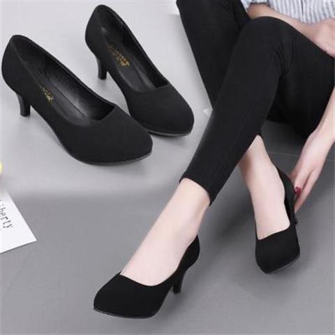 Student etiquette high-heeled shoes women's spring and autumn thin-heeled black professional flight attendant interview work medium-heeled thick-heeled round-toed leather shoes