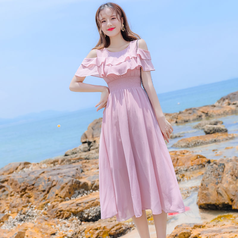 夏季连衣裙2021新款雪纺连衣裙女夏仙女裙露肩荷叶袖甜美沙滩度假