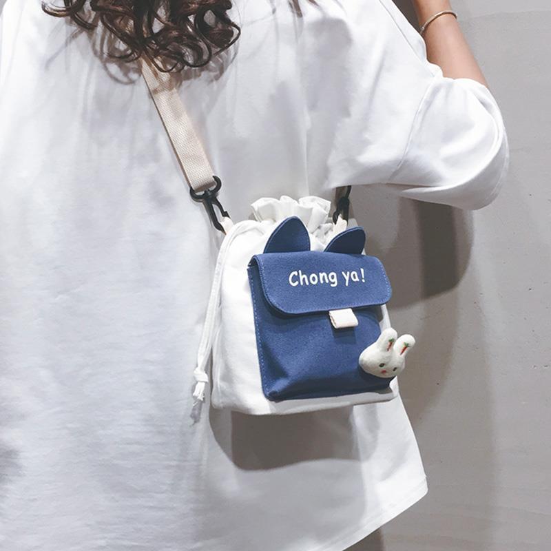 Lovely bag 2020 new Korean ins Japanese Harajuku Canvas Messenger Bag female student single shoulder Bucket Bag