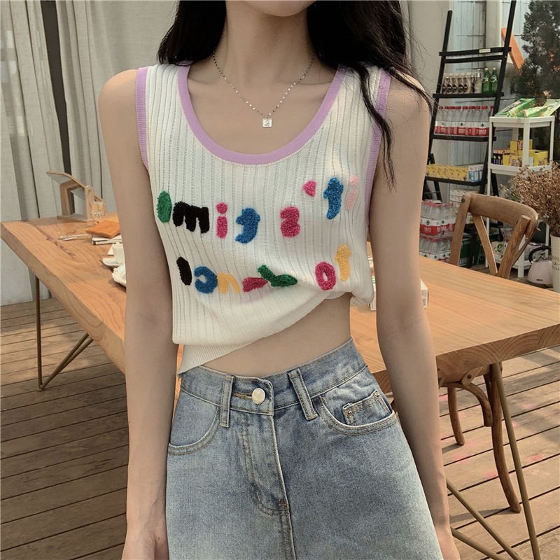夏季新款韩版泫雅风彩色字母背心吊带短款修身显瘦针织上衣女