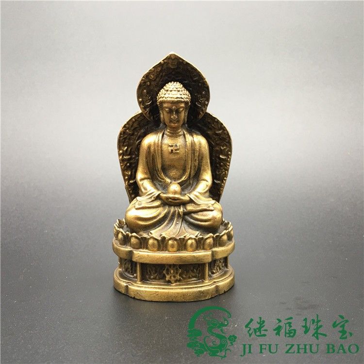 复古合金铜释迦摩尼佛像背光药师佛摆件大日如来佛祖带底座铜佛像