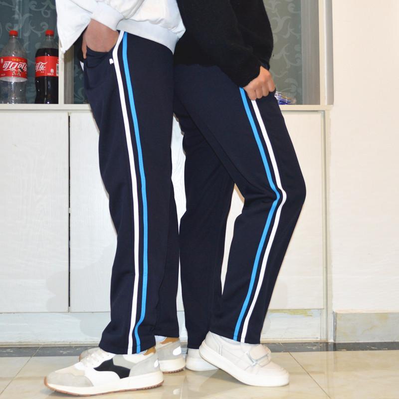 夏季校服褲子初高中小學男女生藍白槓藏藍黑色兩道槓直筒校褲新品
