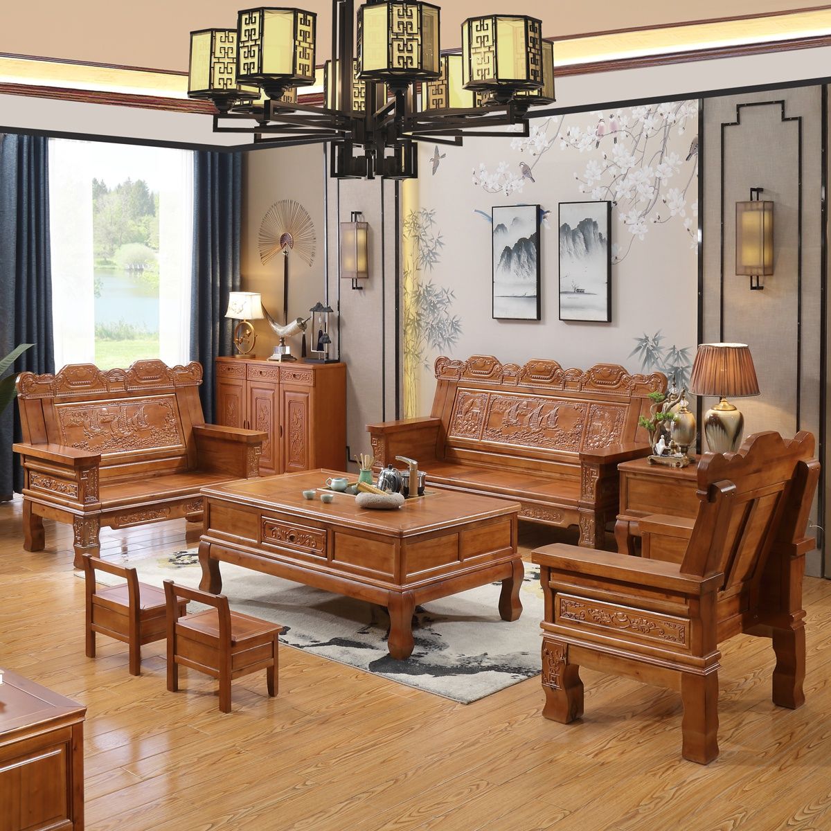 全实木香樟木沙发中式木质客厅冬夏两用仿古雕花大户型农村木沙发