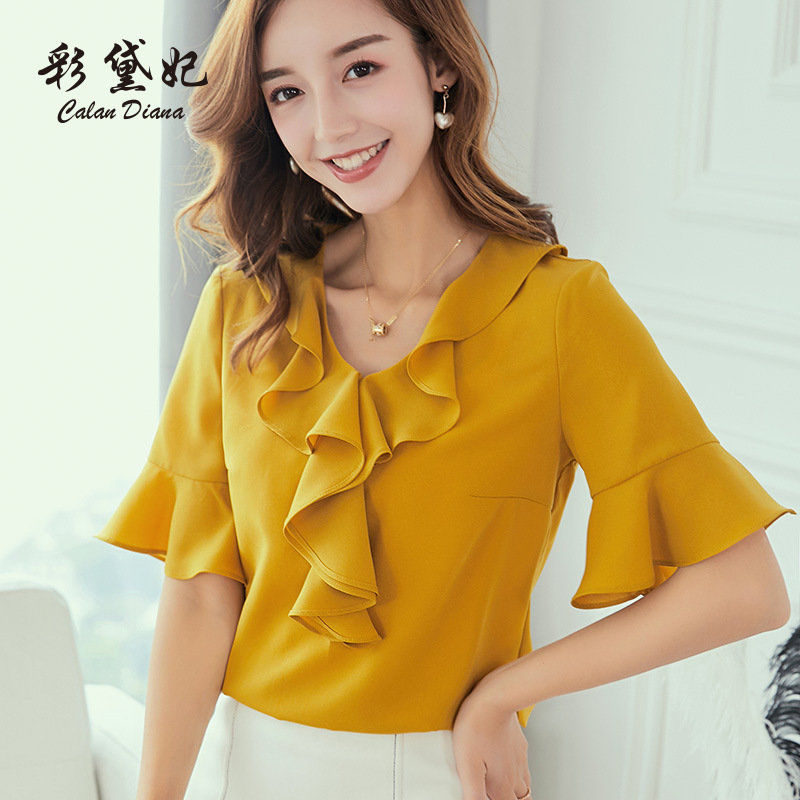 女衣服春秋新款潮韩版大时尚短袖女士百搭显瘦衬衫纯色雪纺衫
