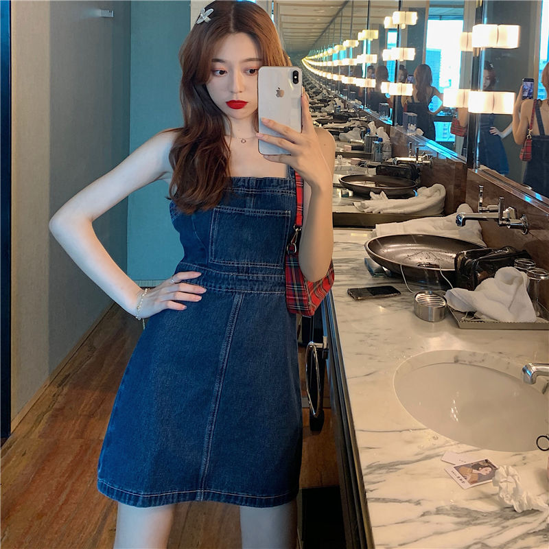 2020 new Korean version sexy off shoulder suspender skirt waist down slim dress women's summer denim strap skirt fashion