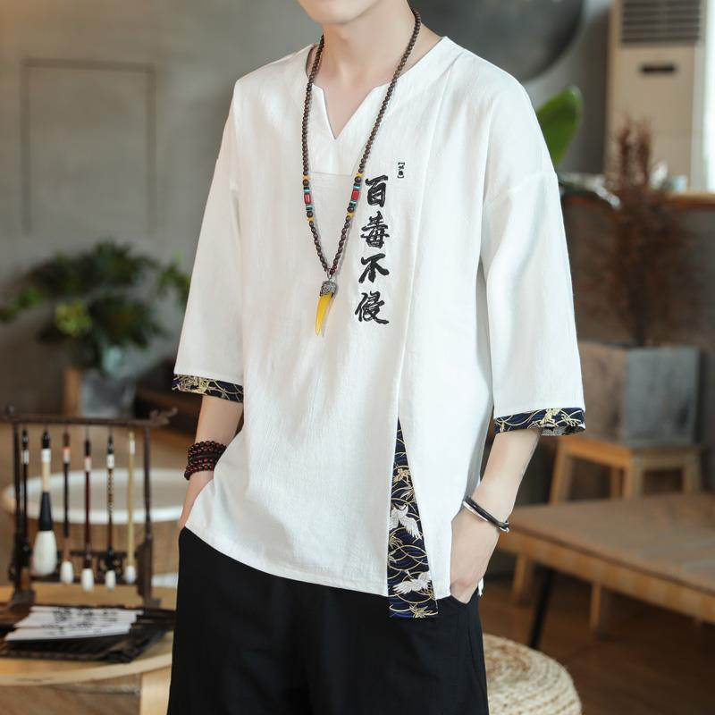 百毒不侵文字刺繡t恤男中國風潮牌潮流V領短袖男士休閒寬鬆五分袖