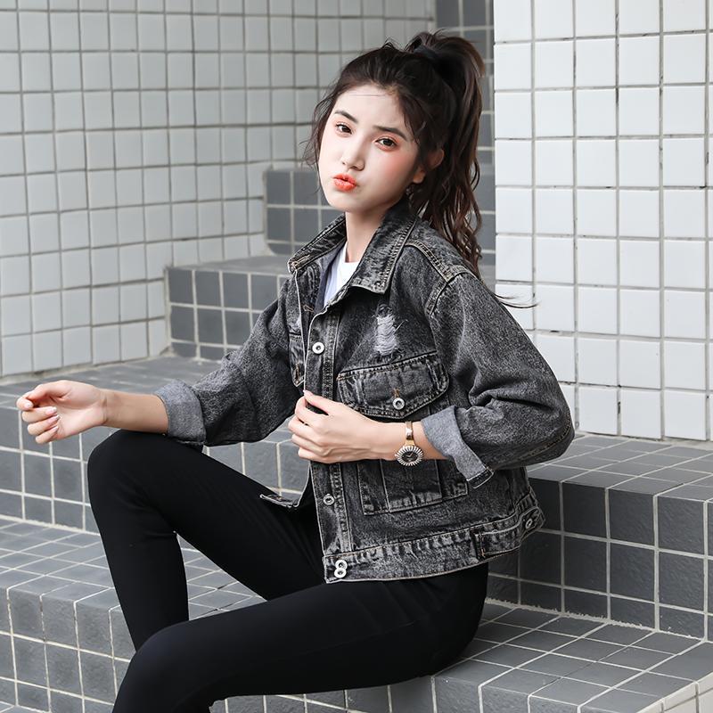 Denim jacket female Korean style loose spring and autumn student jacket female short BF ripped smoke gray denim clothing trendy girl