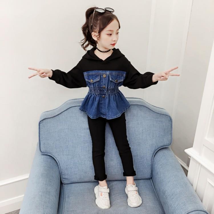 Children's new denim spring suit little girl stitching Korean version of clothes