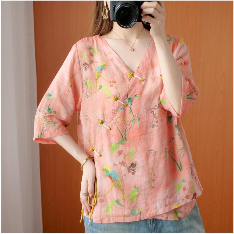 Summer printed V-neck slanted placket buckle cotton and linen jacket national style retro literature and art loose large size linen mid-sleeved shirt