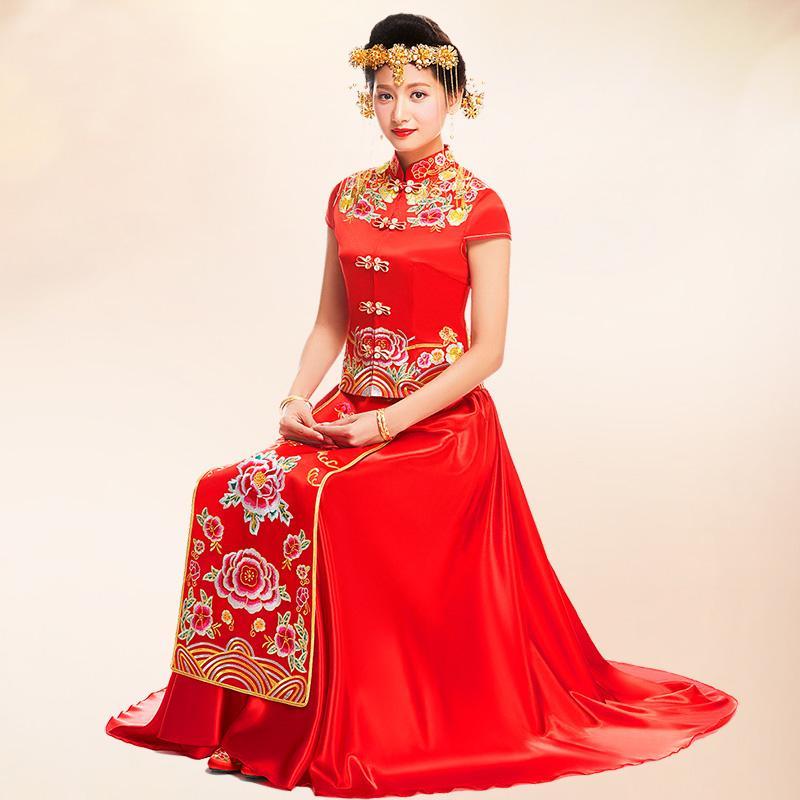 秀禾服新娘结婚礼服中式嫁衣复古改良旗袍裙龙凤褂红色新娘装长款
