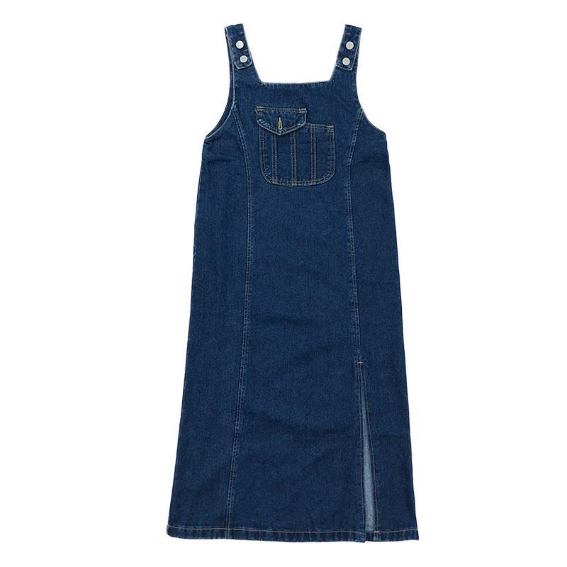 Deep blue split denim skirt with back skirt for women loose summer student retro slim mid length suspender dress