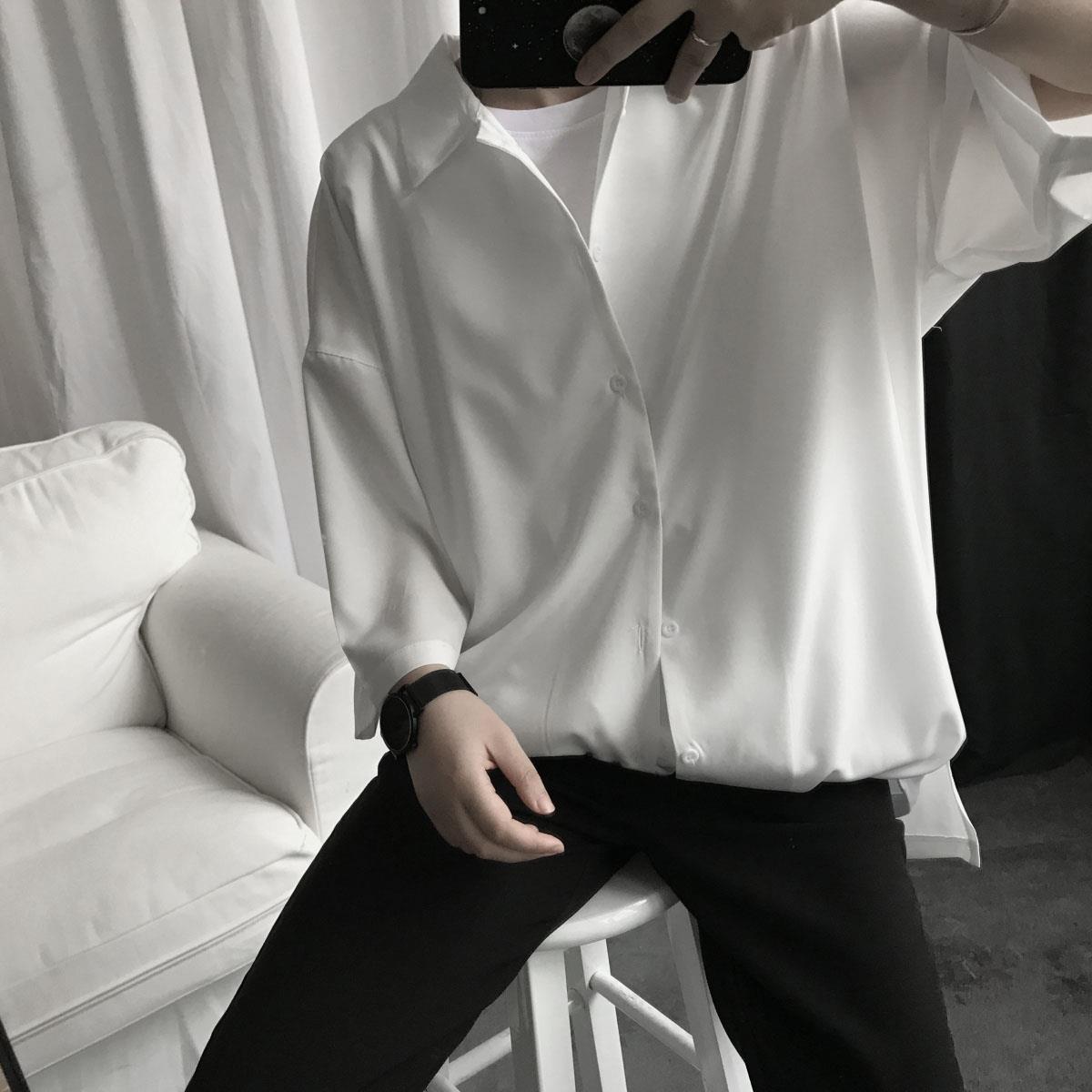 Net red high-grade short sleeve shirt men's Korean fashion loose and versatile, solid color, handsome and fairy shirt, 5-sleeve