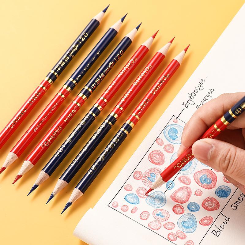 正品中华牌120红蓝双色铅笔双头圆杆护士专用基建实验室标记绘图